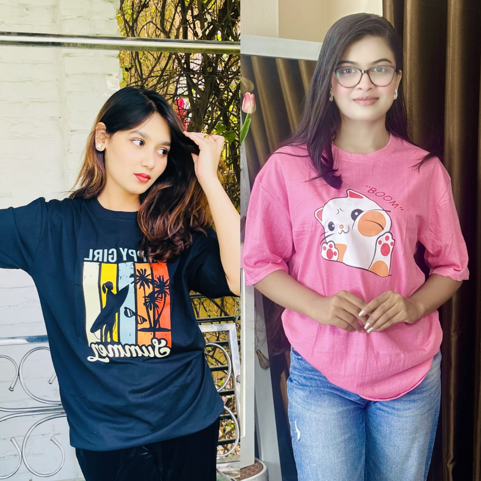 Drop Shoulder (   Happy girl black / boom Pink )