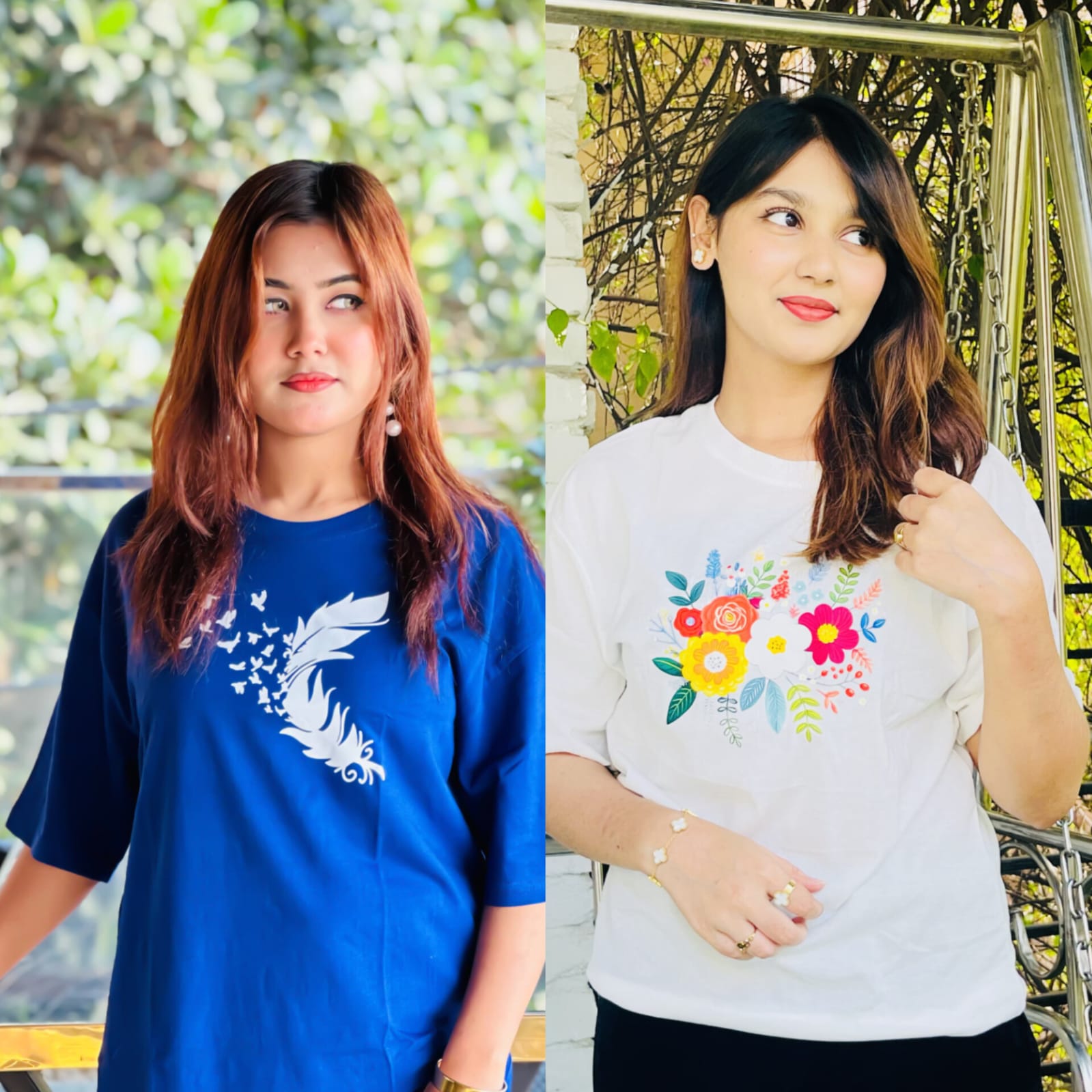 Drop Shoulder  ( feather blue / Flower White )